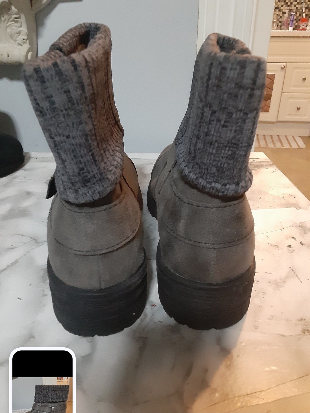 Gray Fold-Over Knit Cuff Ankle Bootie with Buckle - Picture 3 of 4
